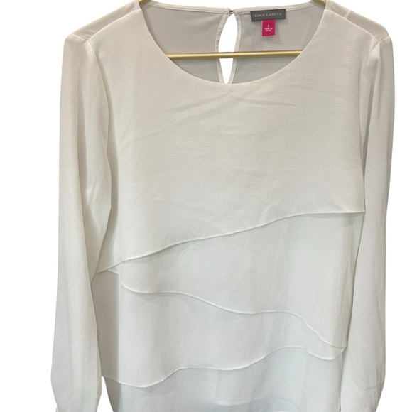 Vince Camuto White Overlay Front Blouse Crew Neck Long Sleeve S EUC - Picture 2 of 5